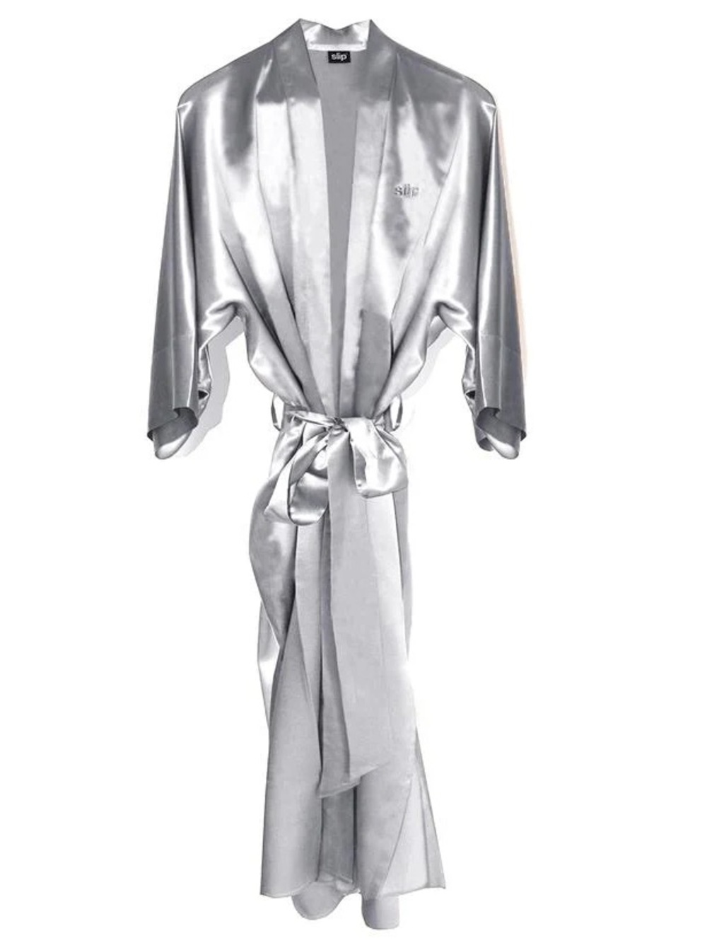 slip Silver Satin Robe with Waist Tie